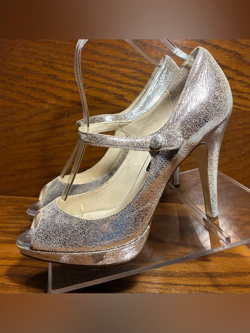 STEVEN Steve Madden Mary Jane Silver Textured Leather Platform Pumps Size 7.5